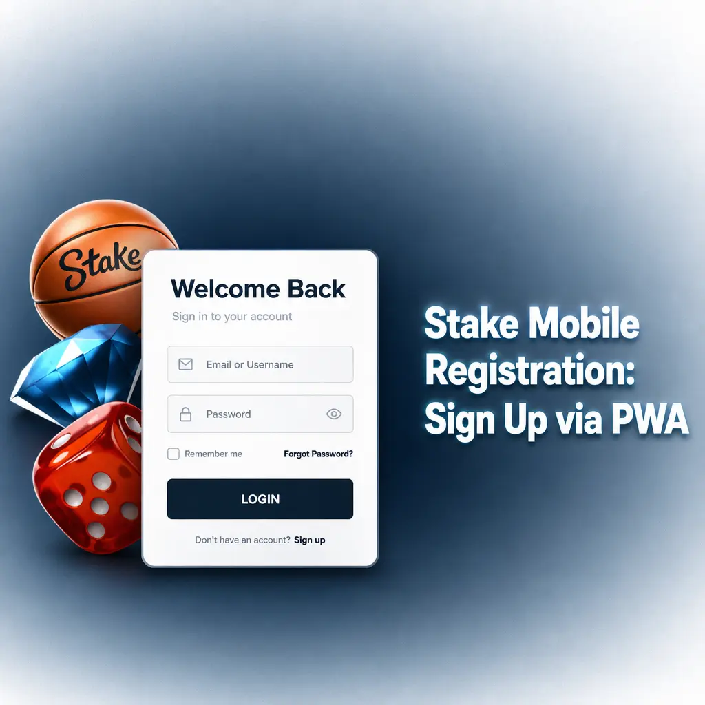 Stake mobile registration guide showing PWA sign-up steps via Chrome or Safari browser on Android or iOS device.