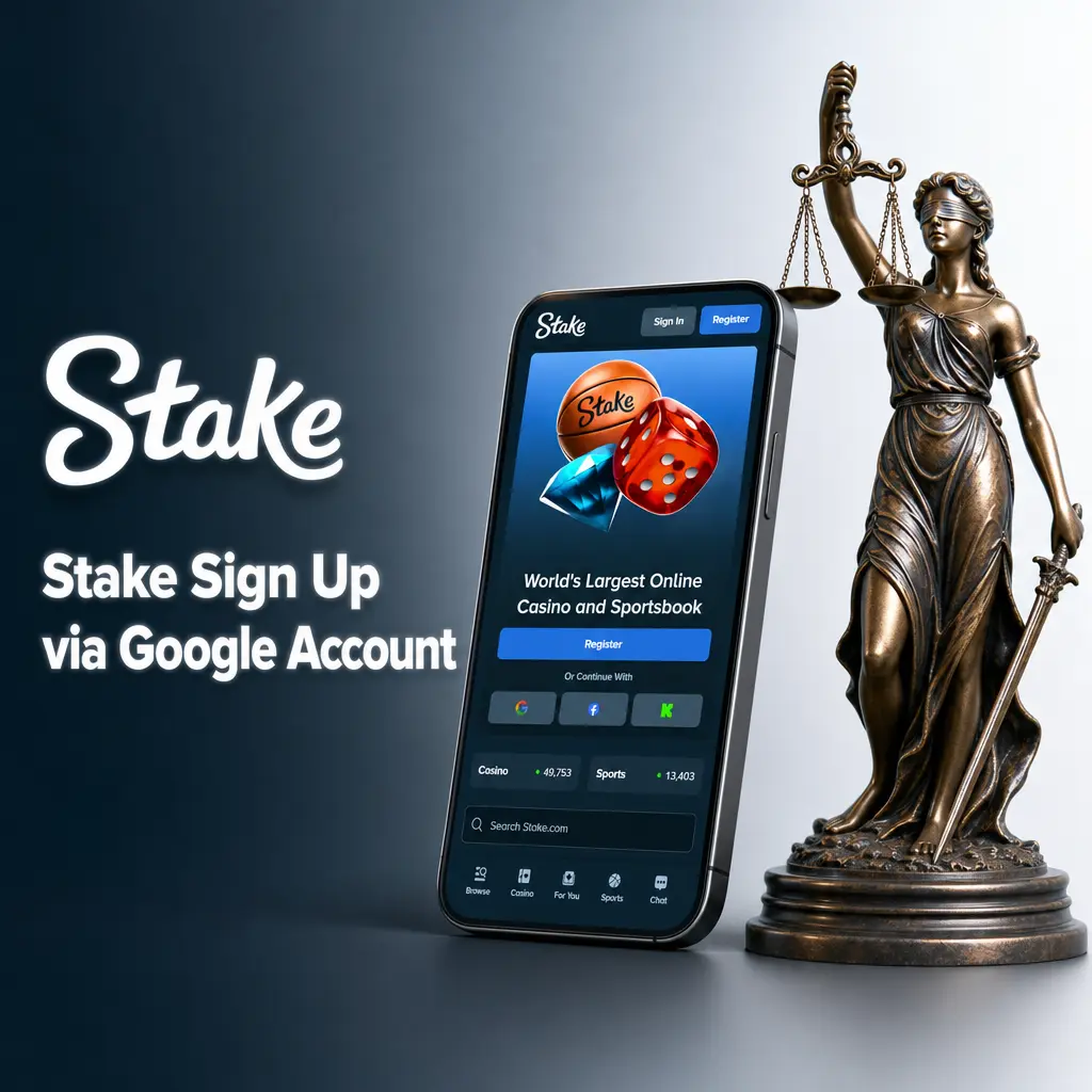 Stake sign up via Google account: select Google, log in, grant permissions, and confirm registration in four steps.