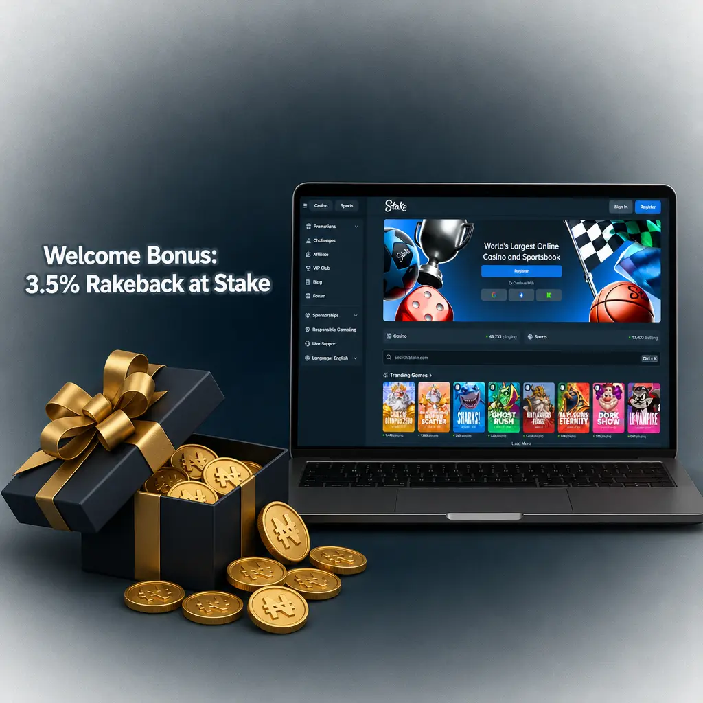 Stake Nigeria welcome bonus: 3.5% rakeback on slots, table games, live dealer, and sportsbook bets from your first wager.