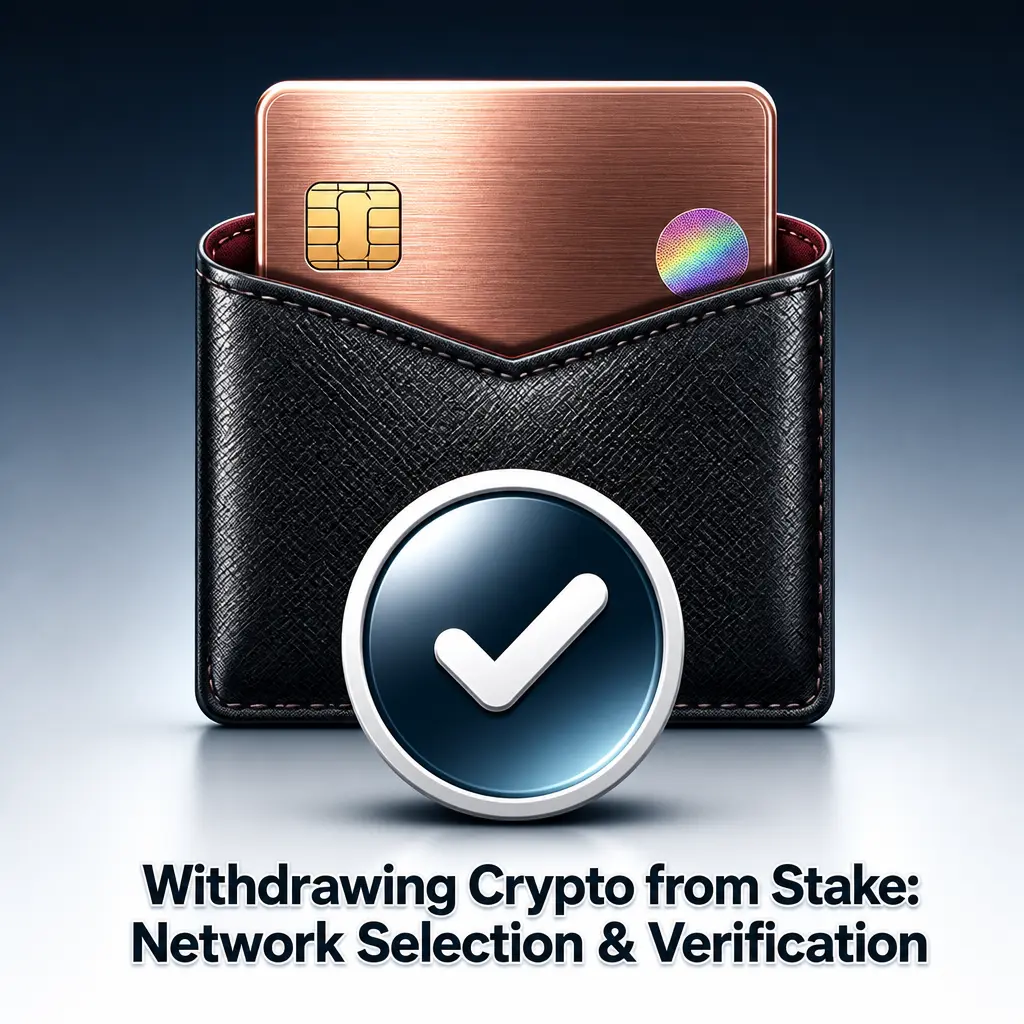 Step-by-step guide to withdrawing crypto from Stake, showing network selection and identity verification process.